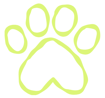 Simple yellow outline drawing of an animal paw print with four toes and a heart-shaped pad on a light gray background.